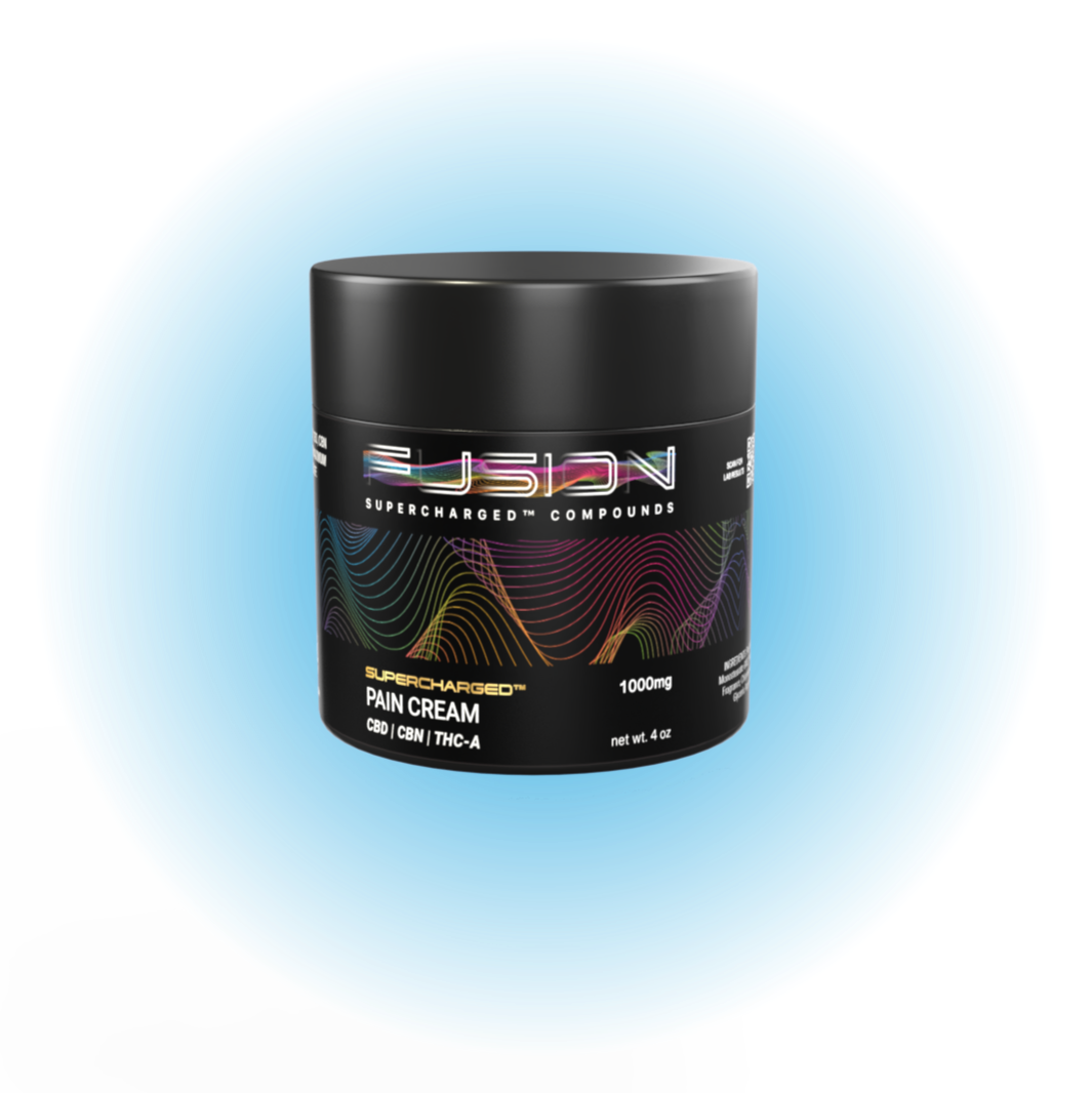 Black jar of Fusion Supercharged Pain Cream on a gradient blue background