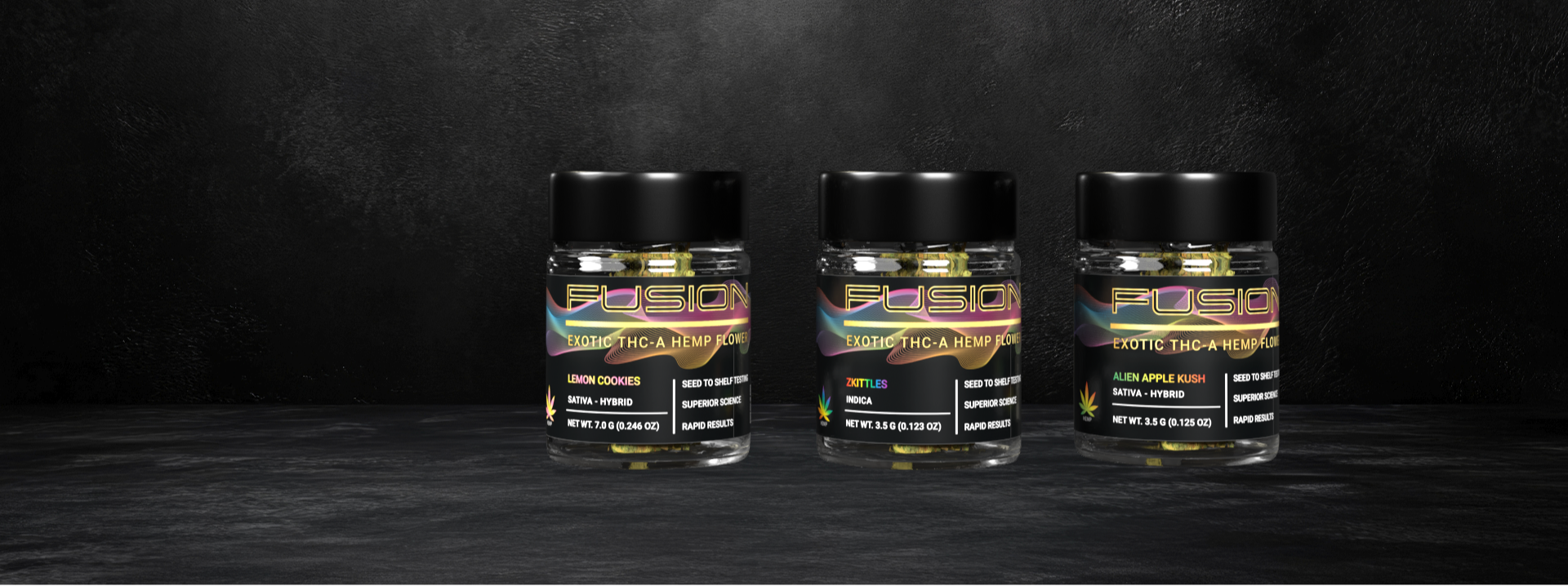 Three jars of a product with labels on a dark background